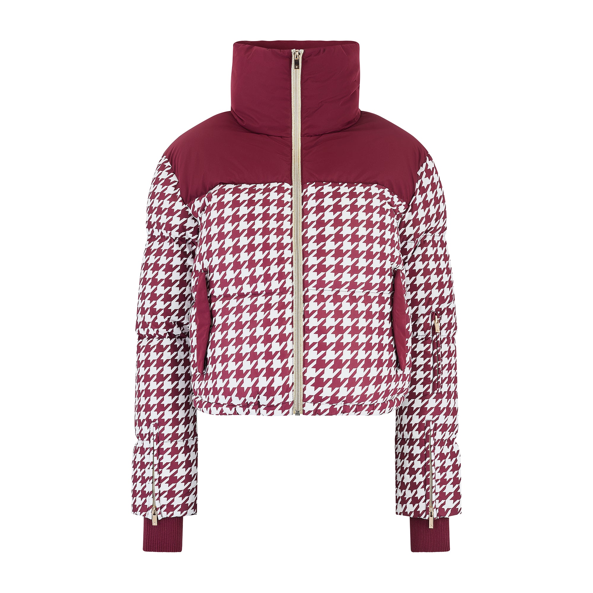 Cropped Bomber Ski Jacket - Burgundy Houndstooth