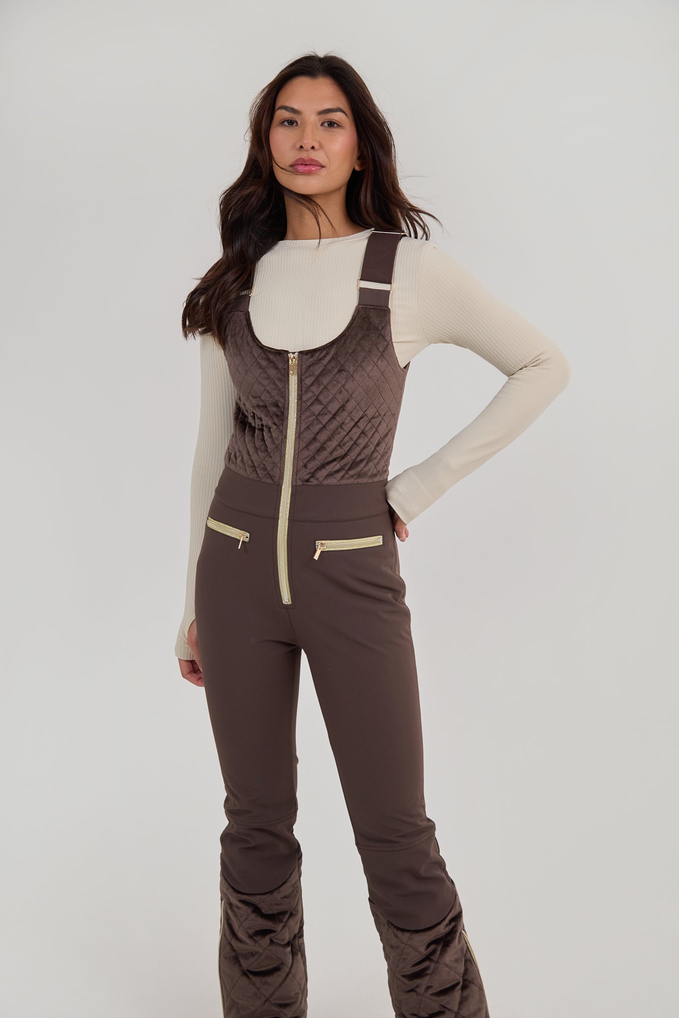 Quilted Velvet Ski Overall - Chocolate