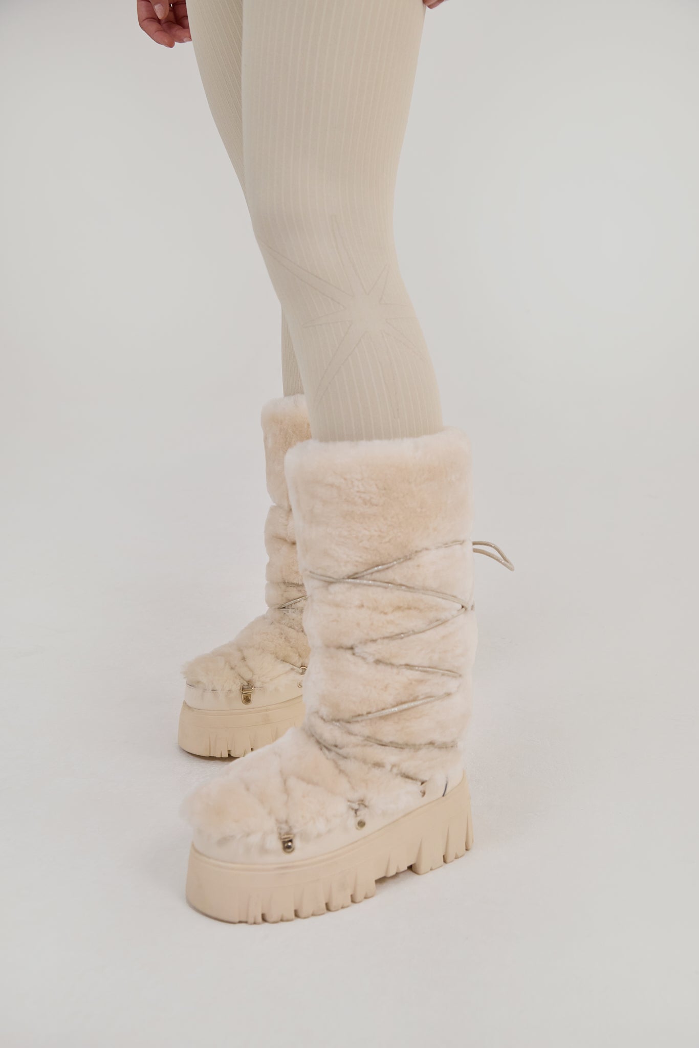 Lug Tread Shearling Snow Boots - Tall Cream