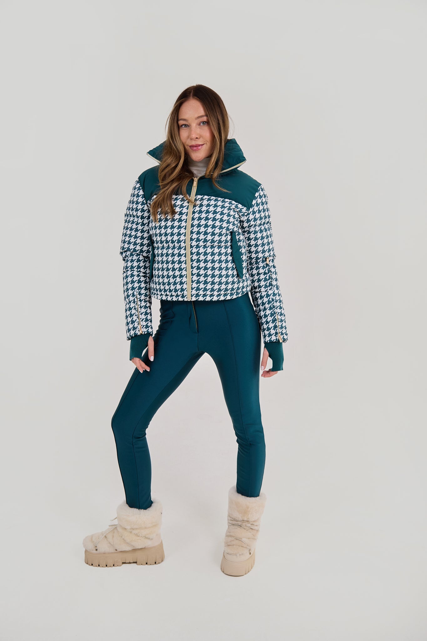 Cropped Bomber Ski Jacket - Teal Houndstooth