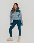 Cropped Bomber Ski Jacket - Teal Houndstooth