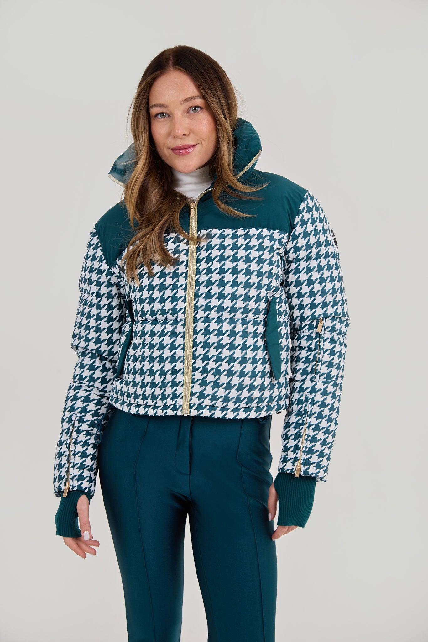 Cropped Bomber Ski Jacket - Teal Houndstooth