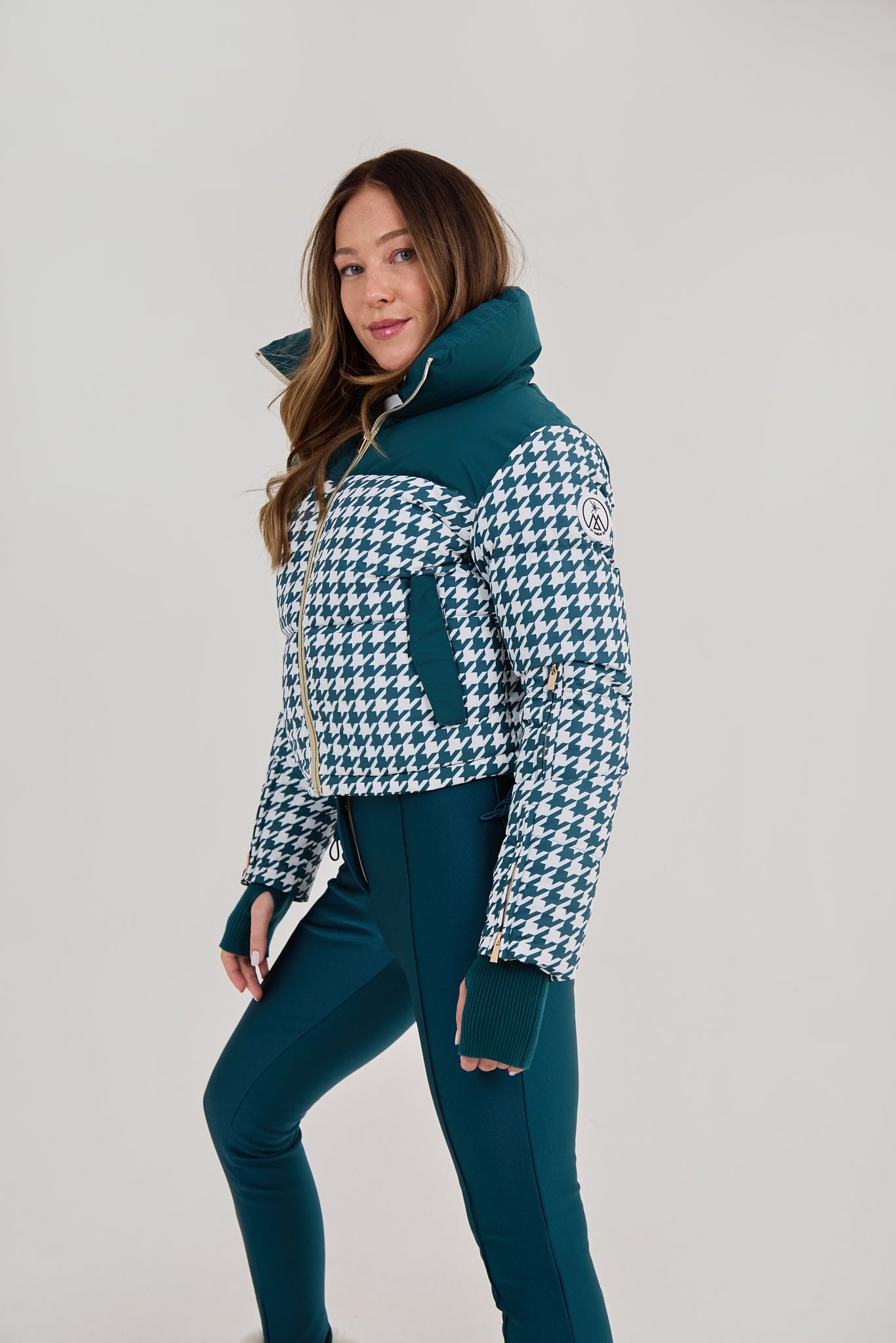 Cropped Bomber Ski Jacket - Teal Houndstooth
