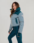 Cropped Bomber Ski Jacket - Teal Houndstooth