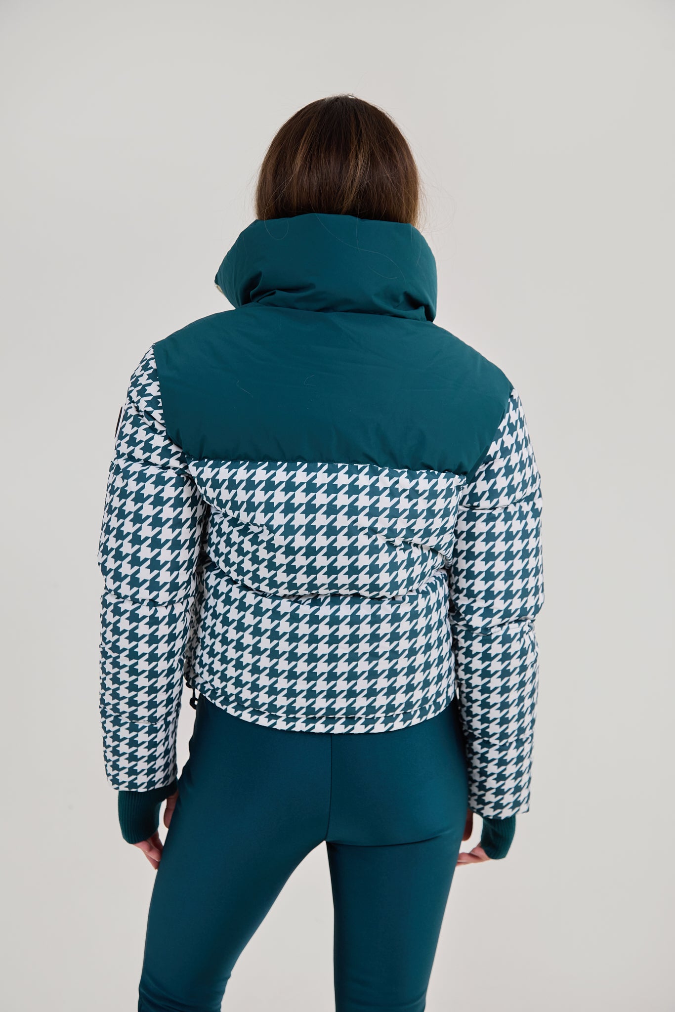 Cropped Bomber Ski Jacket - Teal Houndstooth