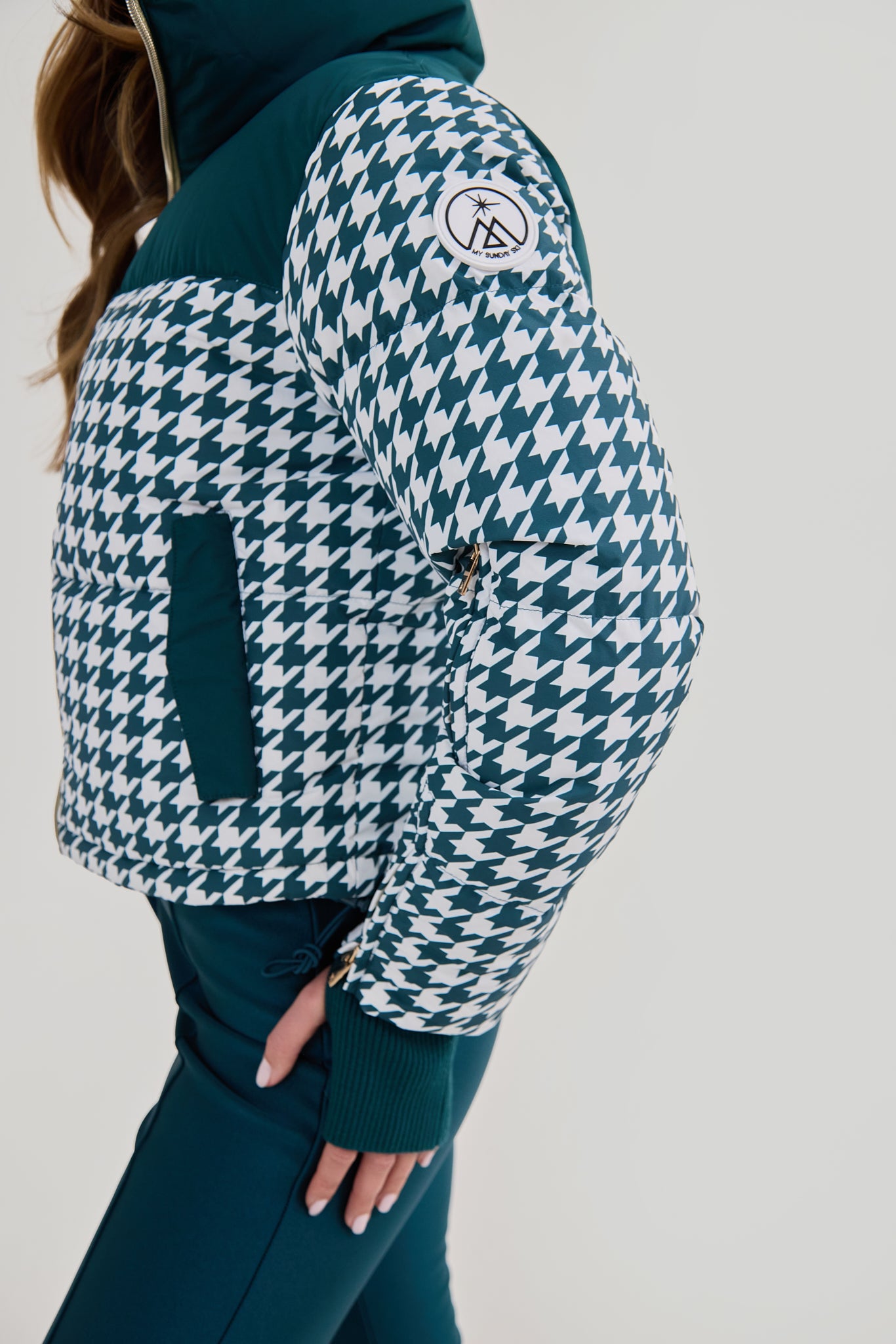 Cropped Bomber Ski Jacket - Teal Houndstooth