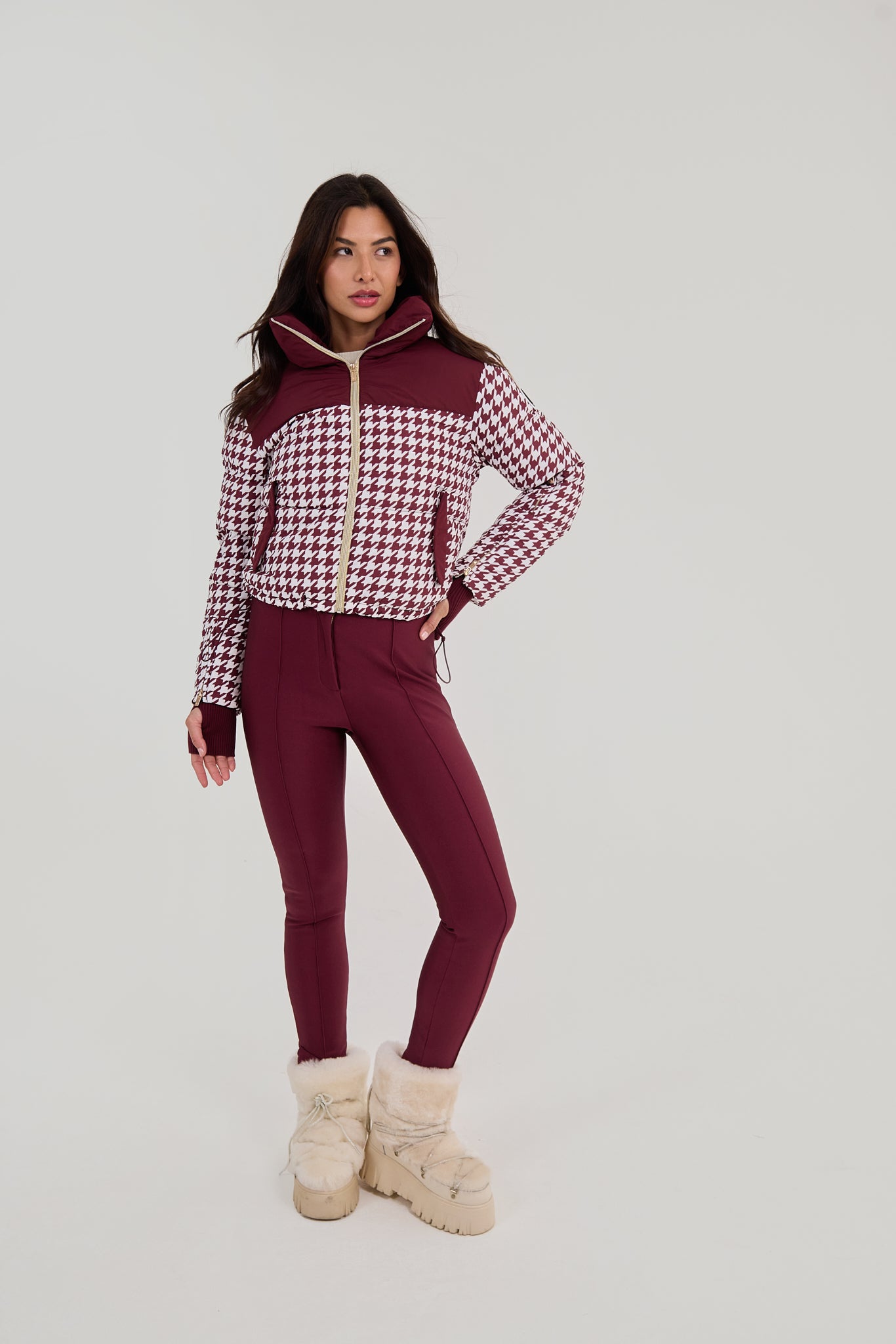 Cropped Bomber Ski Jacket - Burgundy Houndstooth