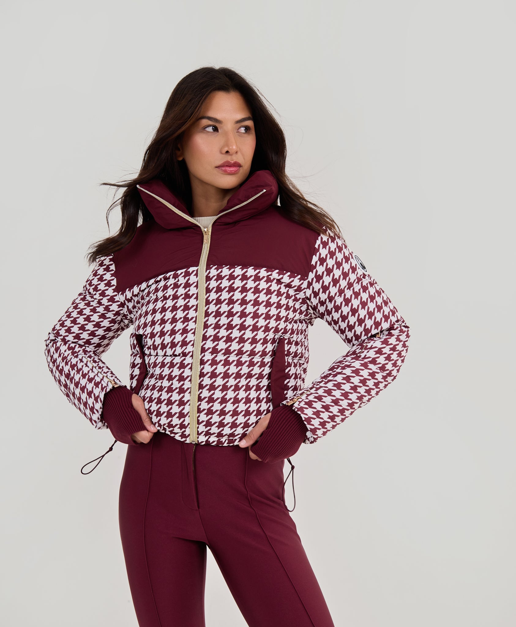 Cropped Bomber Ski Jacket - Burgundy Houndstooth