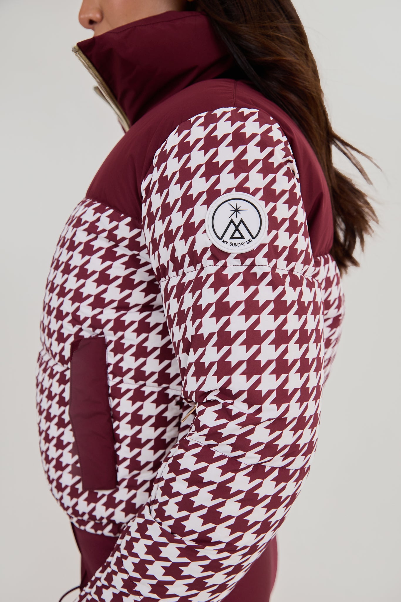 Cropped Bomber Ski Jacket - Burgundy Houndstooth