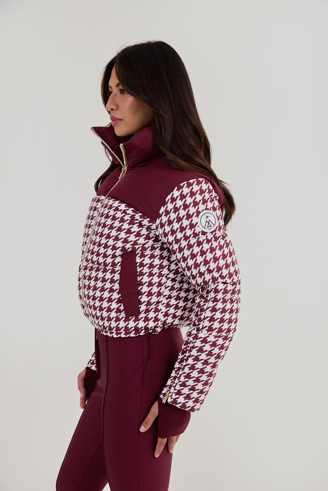 Cropped Bomber Ski Jacket - Burgundy Houndstooth