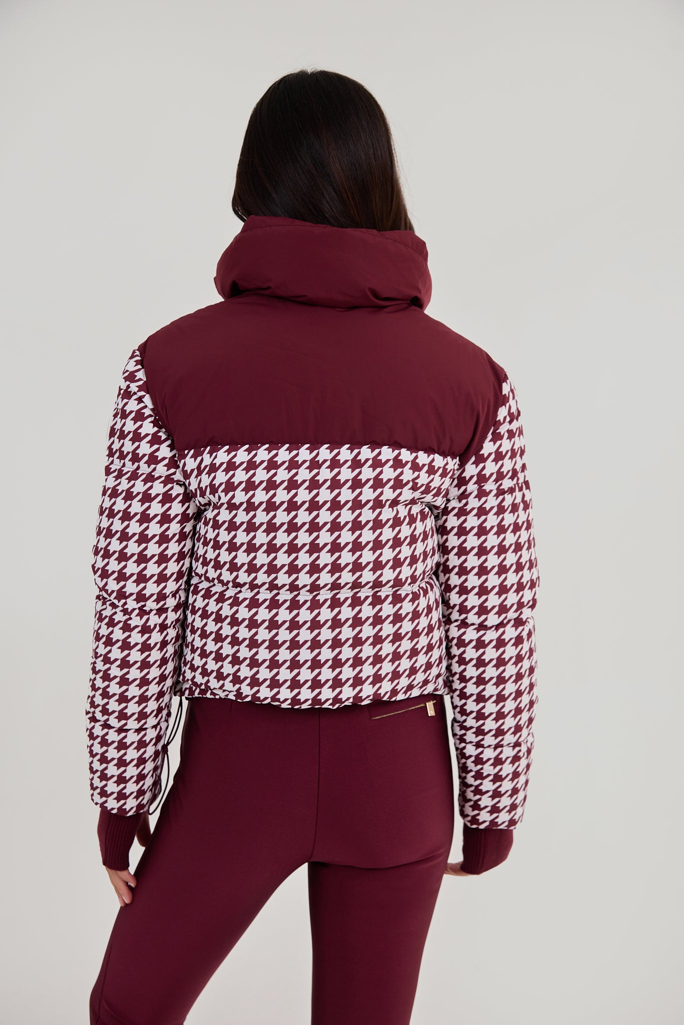 Cropped Bomber Ski Jacket - Burgundy Houndstooth