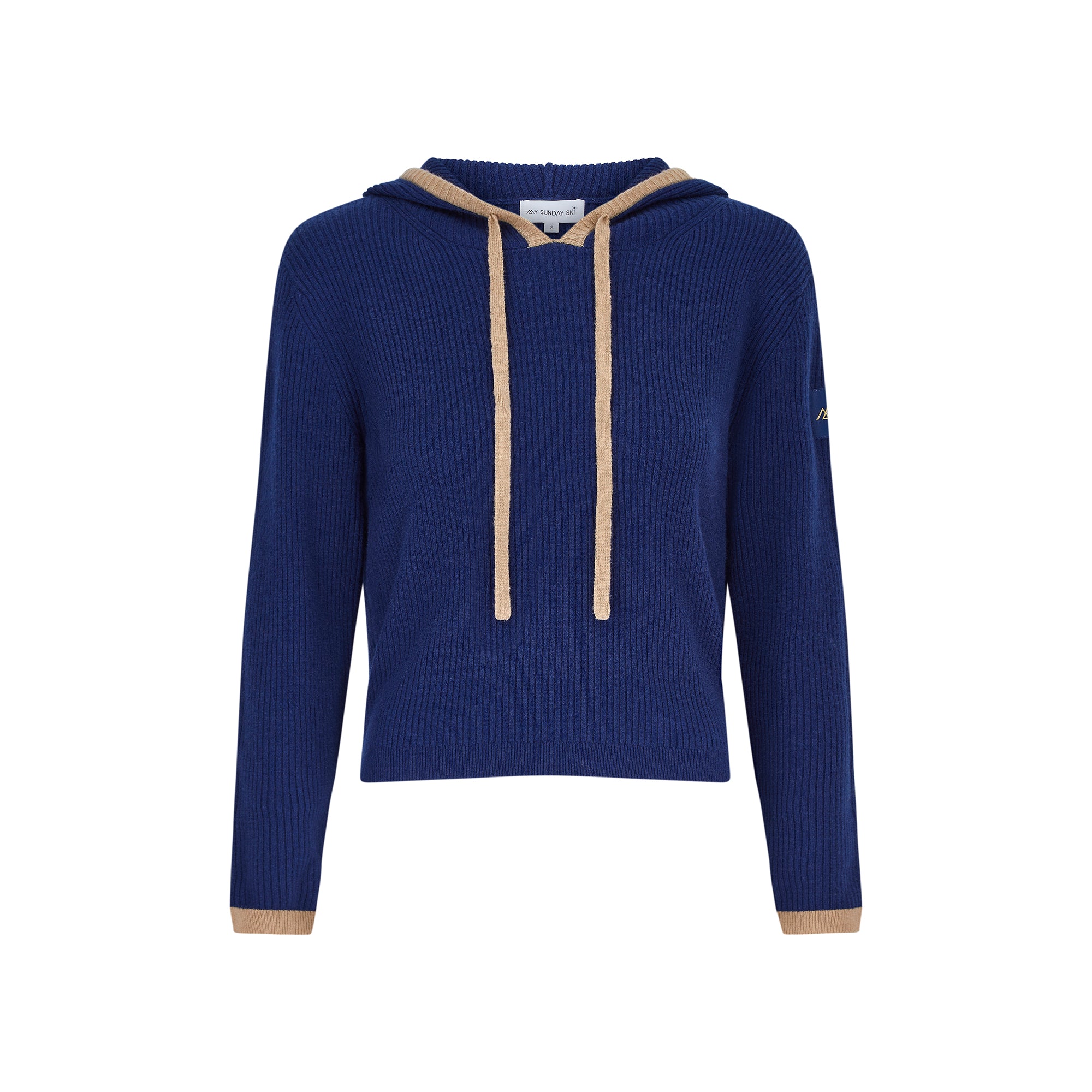 Rib Trim Cashmere Hoodie - Navy / Camel