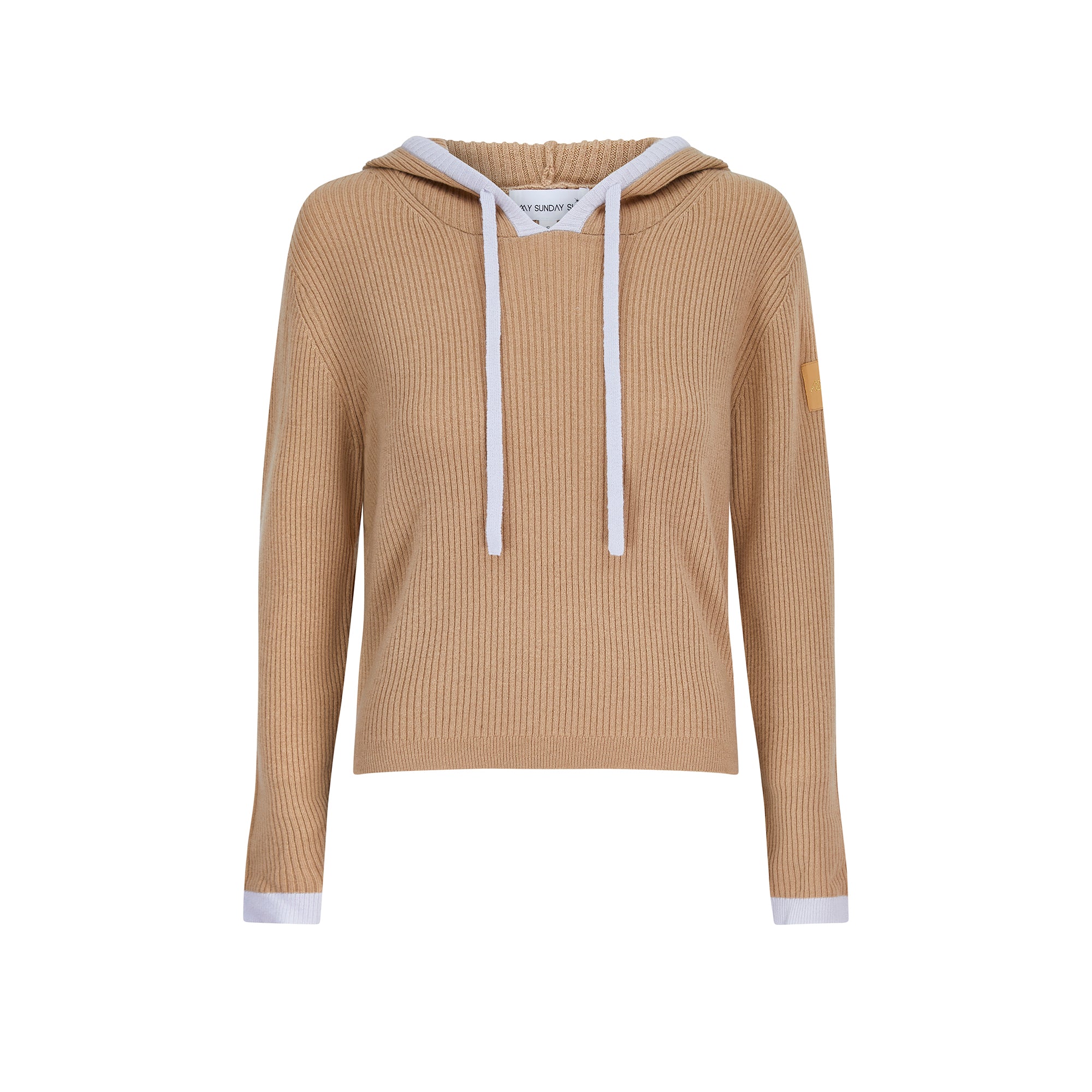 Rib Trim Cashmere Hoodie - Camel / Pearl Grey