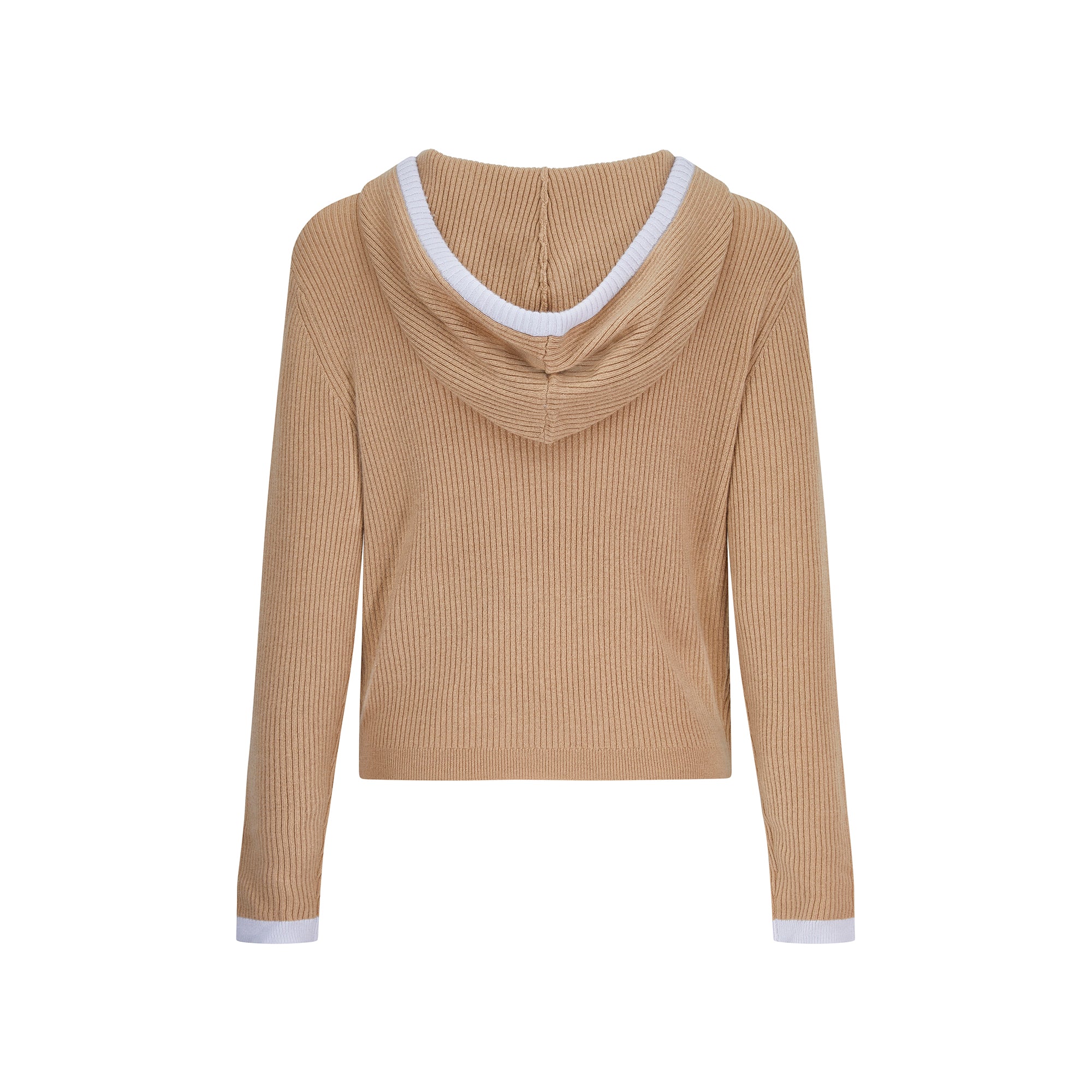 Rib Trim Cashmere Hoodie - Camel / Pearl Grey