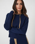 Rib Trim Cashmere Hoodie - Navy / Camel