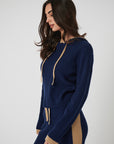 Rib Trim Cashmere Hoodie - Navy / Camel