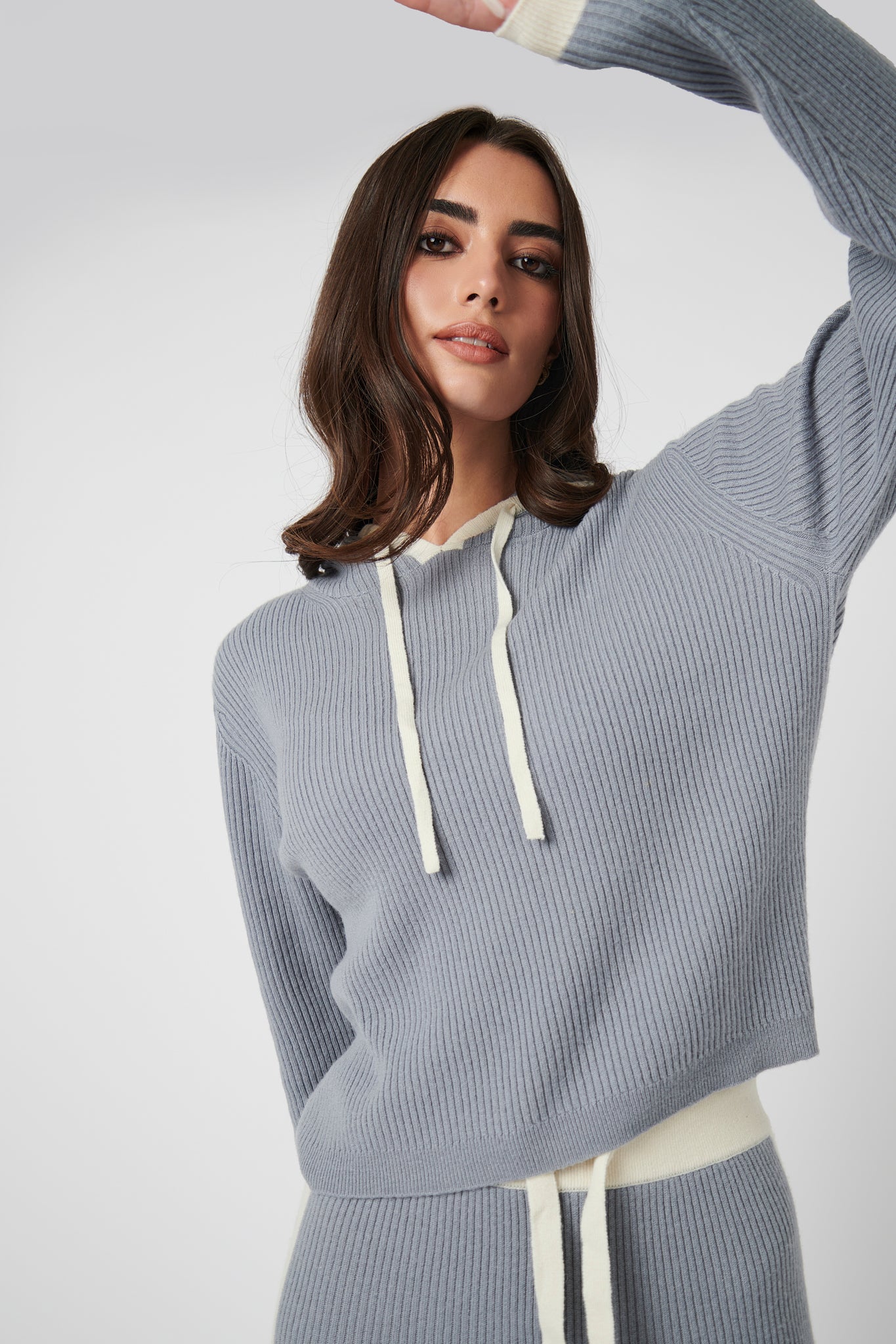 Rib Trim Cashmere Hoodie - Ice Grey / White