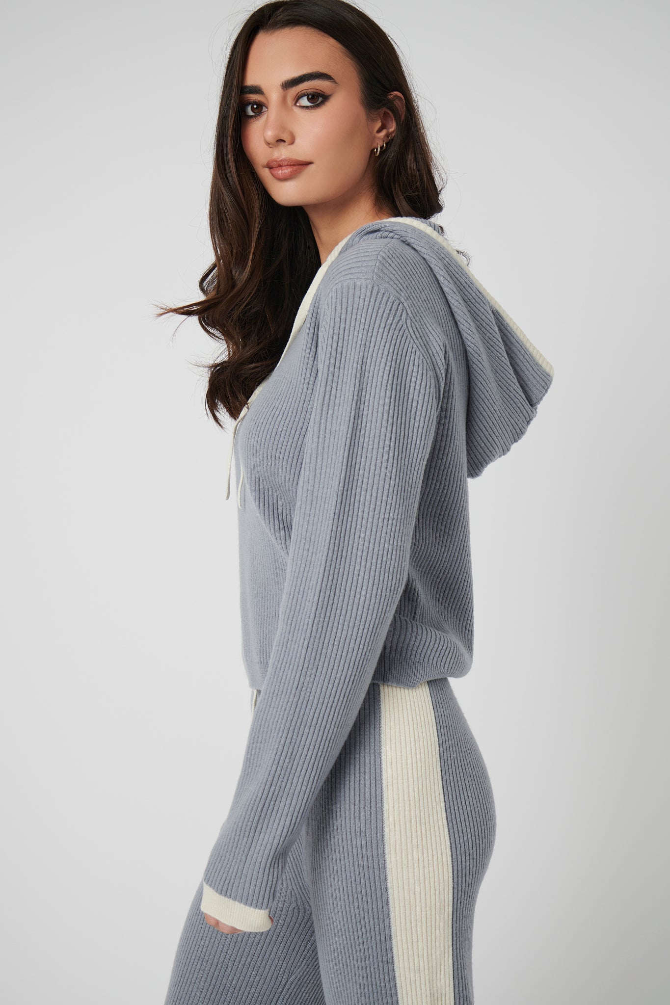 Rib Trim Cashmere Hoodie - Ice Grey / White