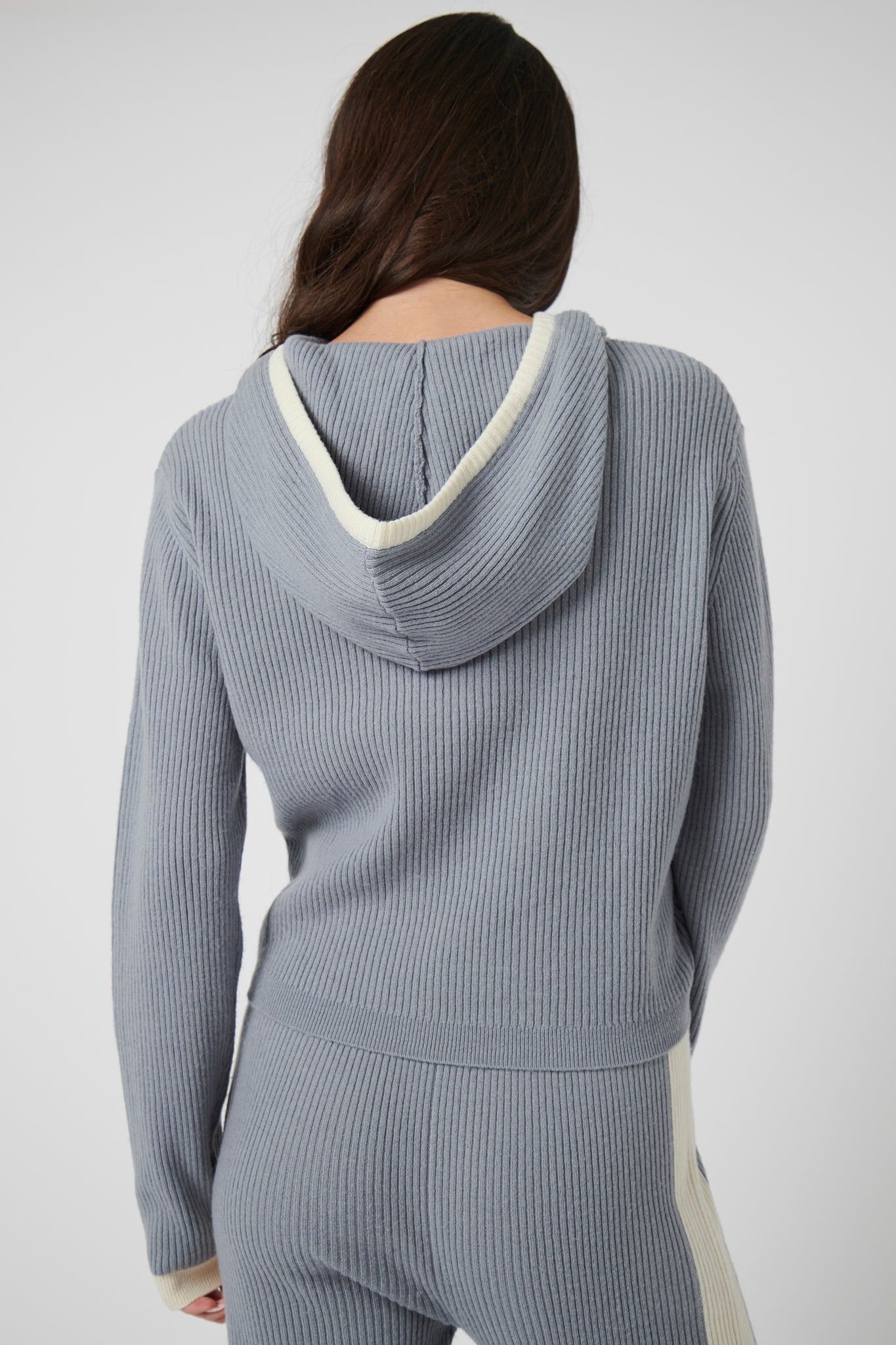 Rib Trim Cashmere Hoodie - Ice Grey / White