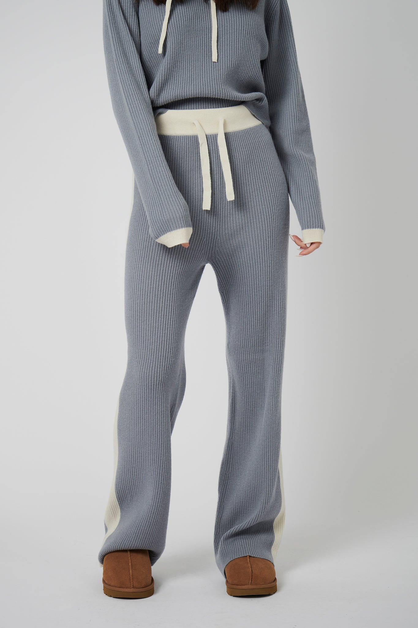 Wide Leg Cashmere Pants - Ice Grey / White