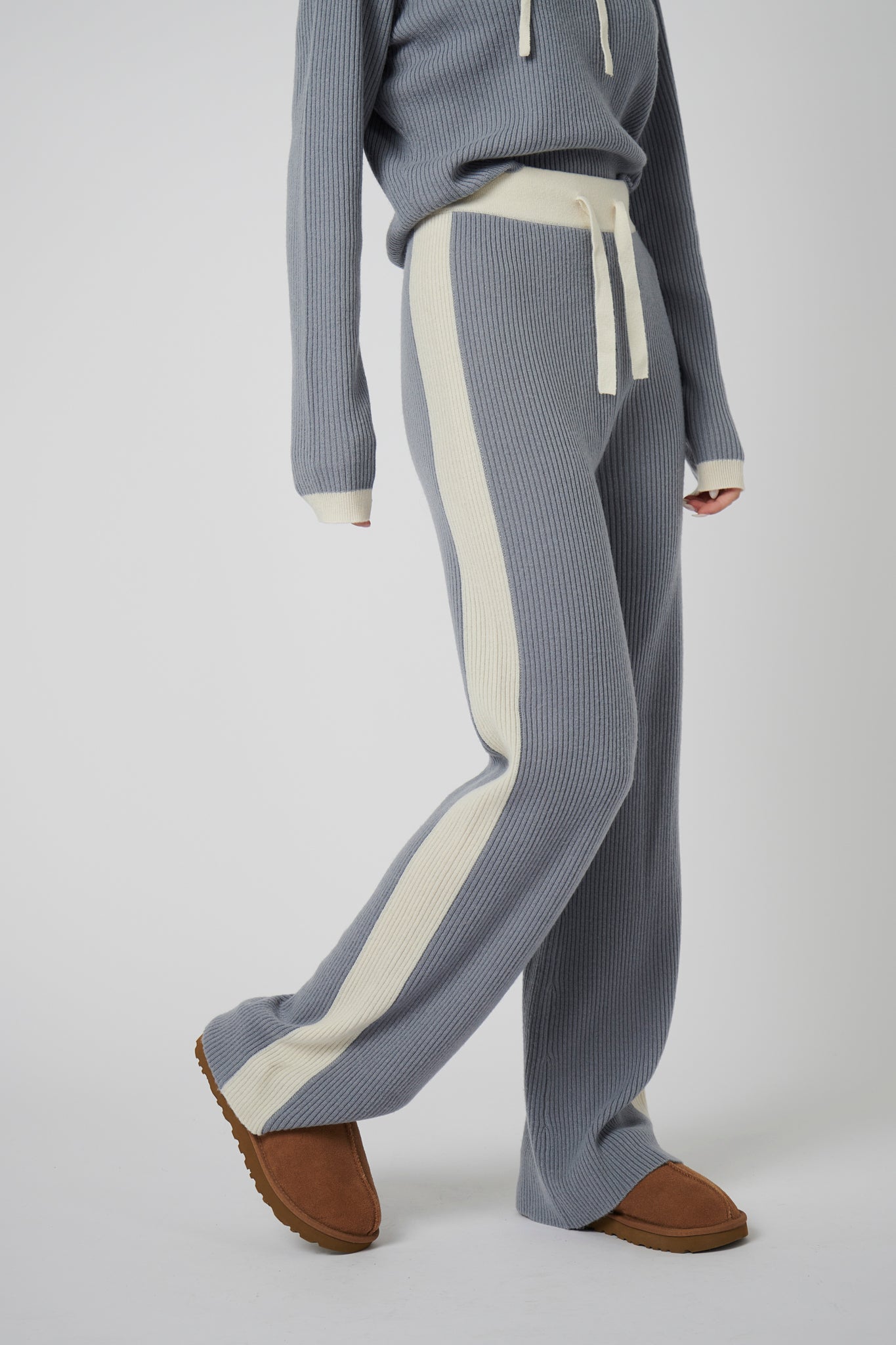 Wide Leg Cashmere Pants - Ice Grey / White