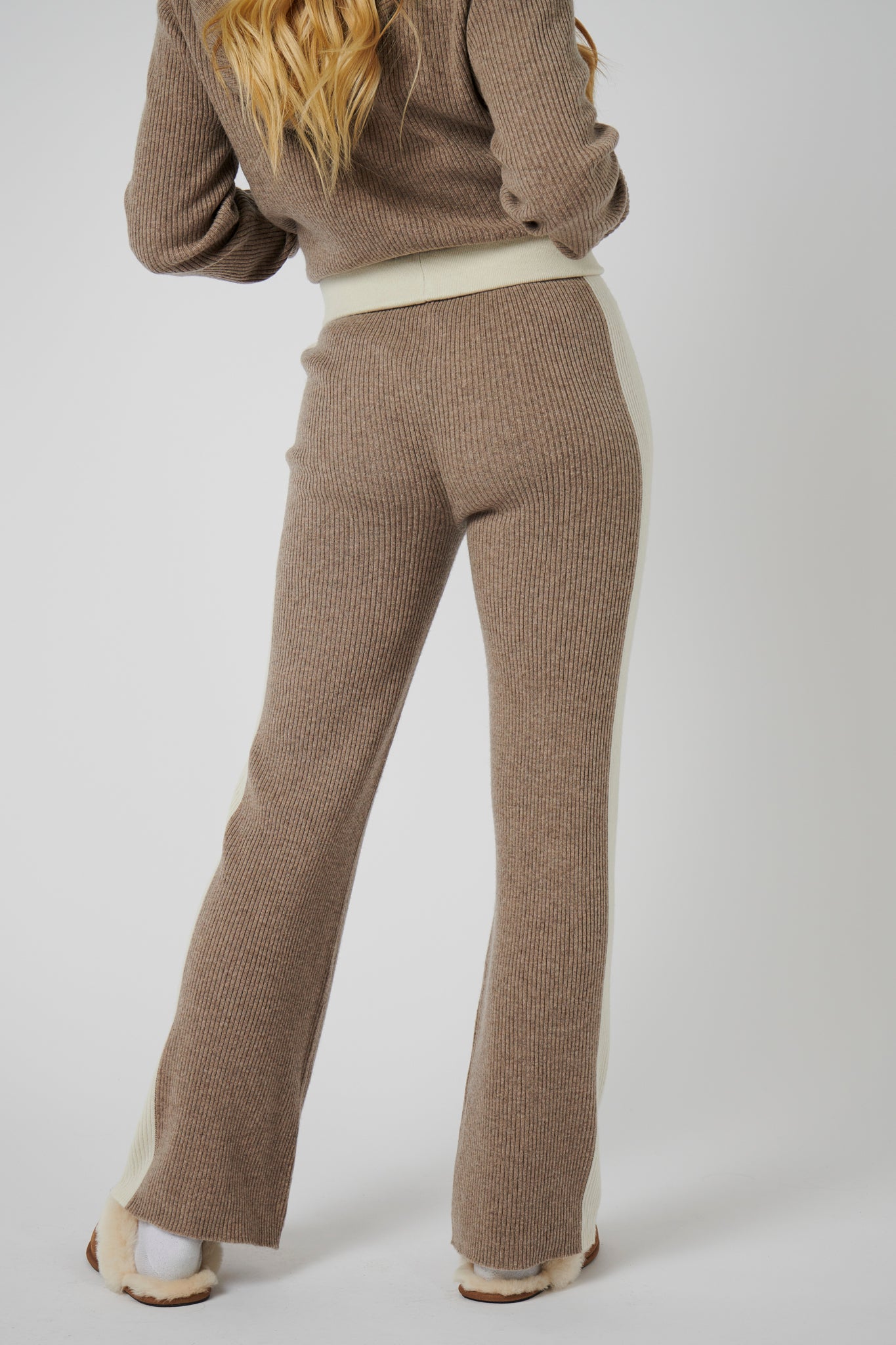 Wide Leg Cashmere Pants - Oat / White