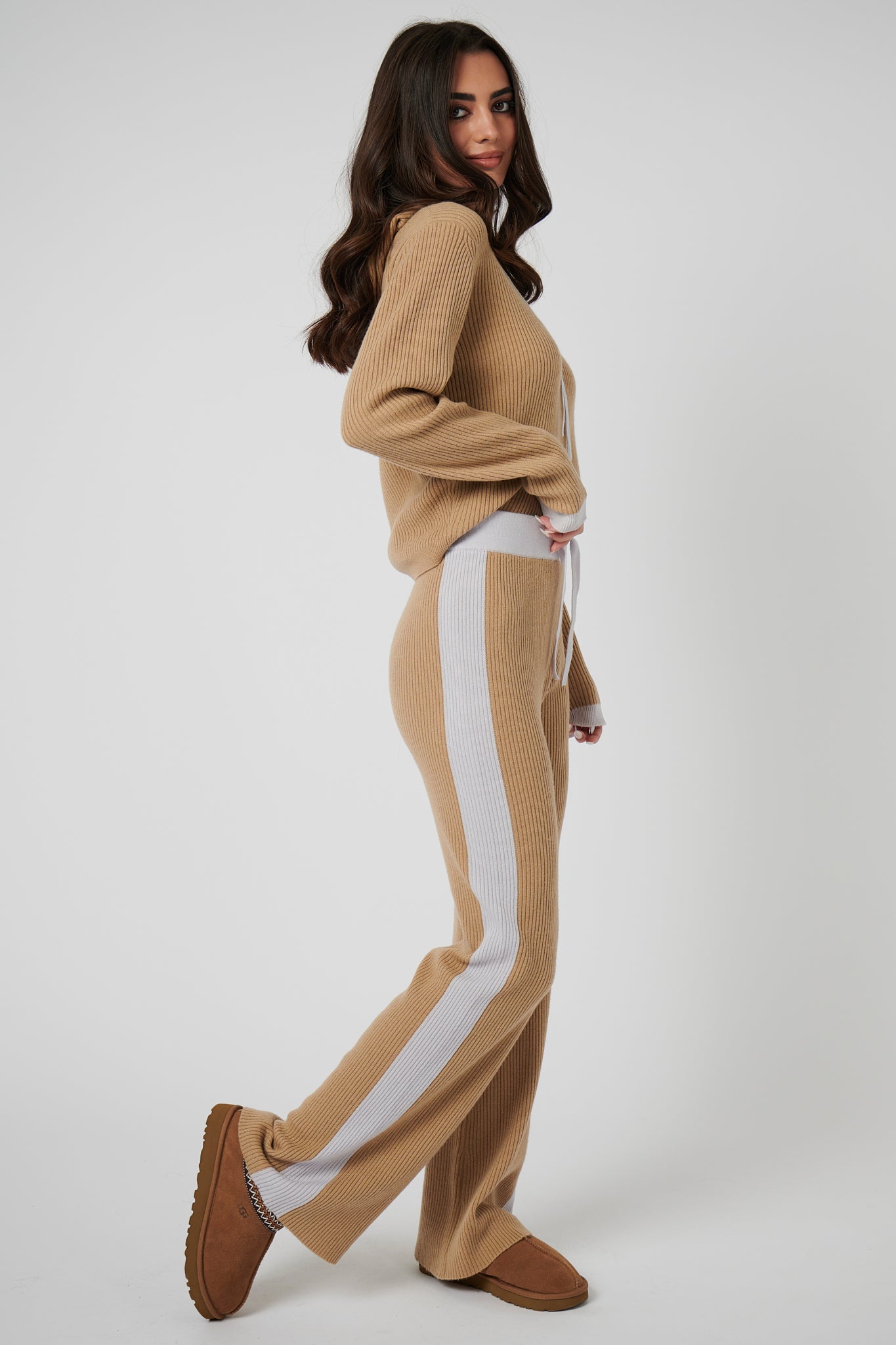 Wide Leg Cashmere Pants - Camel / Pearl Grey