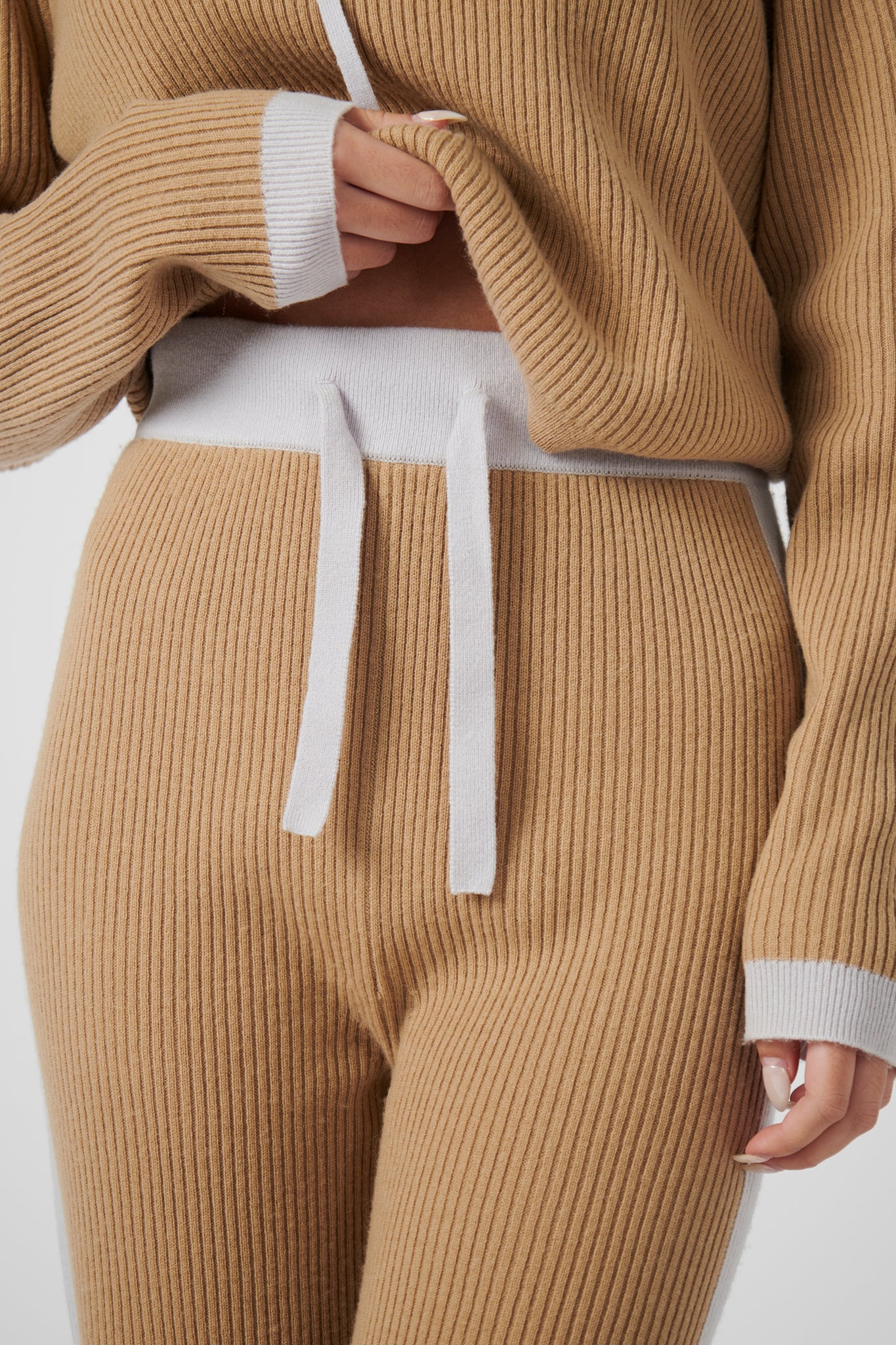 Wide Leg Cashmere Pants - Camel / Pearl Grey