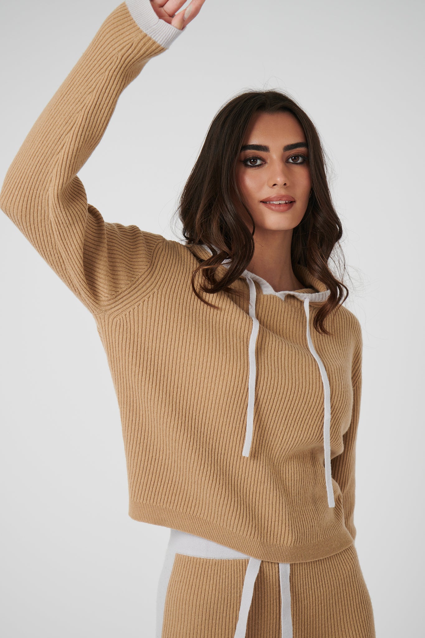 Rib Trim Cashmere Hoodie - Camel / Pearl Grey