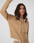 Rib Trim Cashmere Hoodie - Camel / Pearl Grey