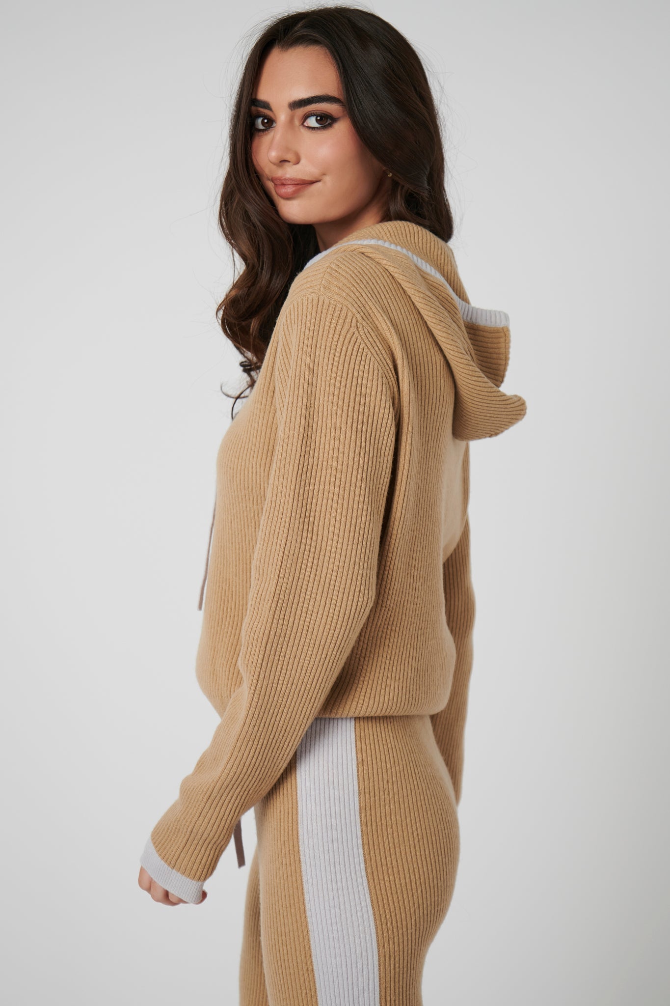 Rib Trim Cashmere Hoodie - Camel / Pearl Grey