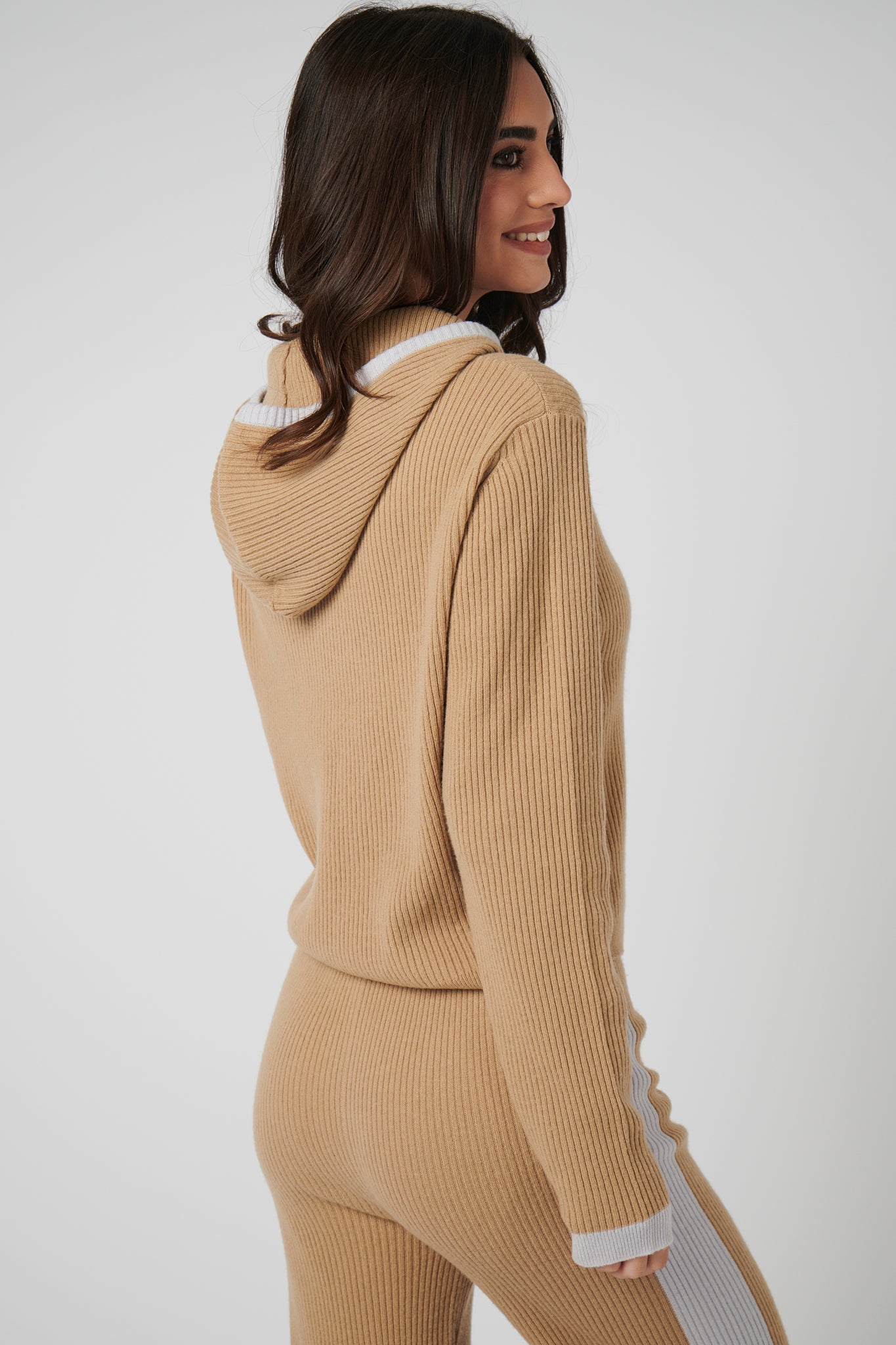 Rib Trim Cashmere Hoodie - Camel / Pearl Grey