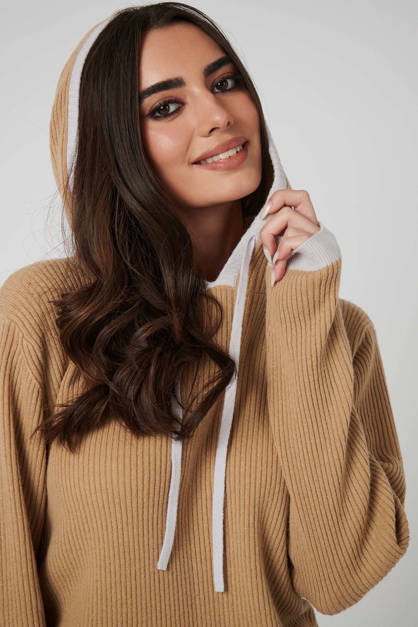 Rib Trim Cashmere Hoodie - Camel / Pearl Grey