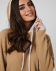 Rib Trim Cashmere Hoodie - Camel / Pearl Grey