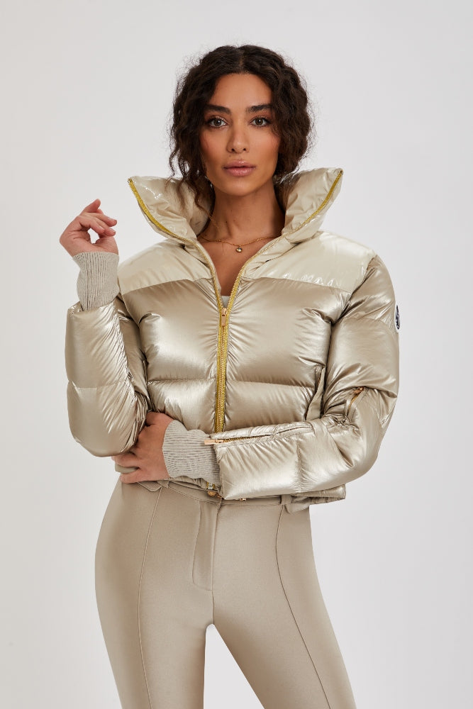 Cropped Bomber Ski Jacket – Champagne Shimmer – My Sunday Ski