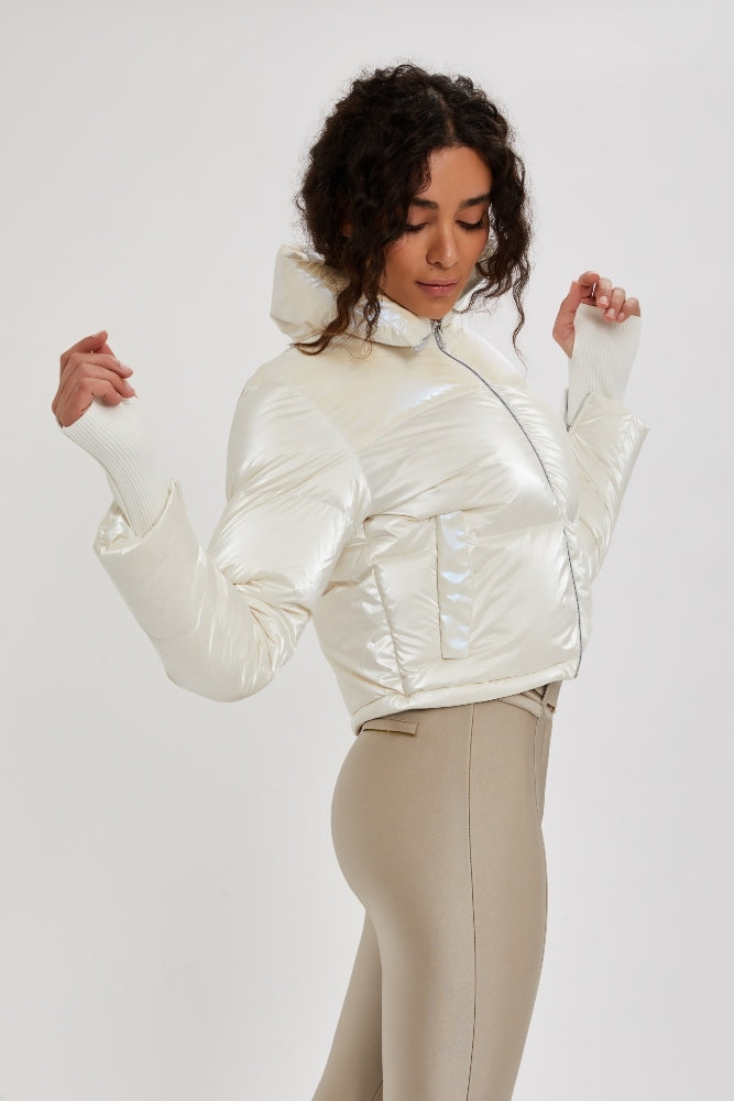 Cropped Bomber Ski Jacket – Snow Sparkle White