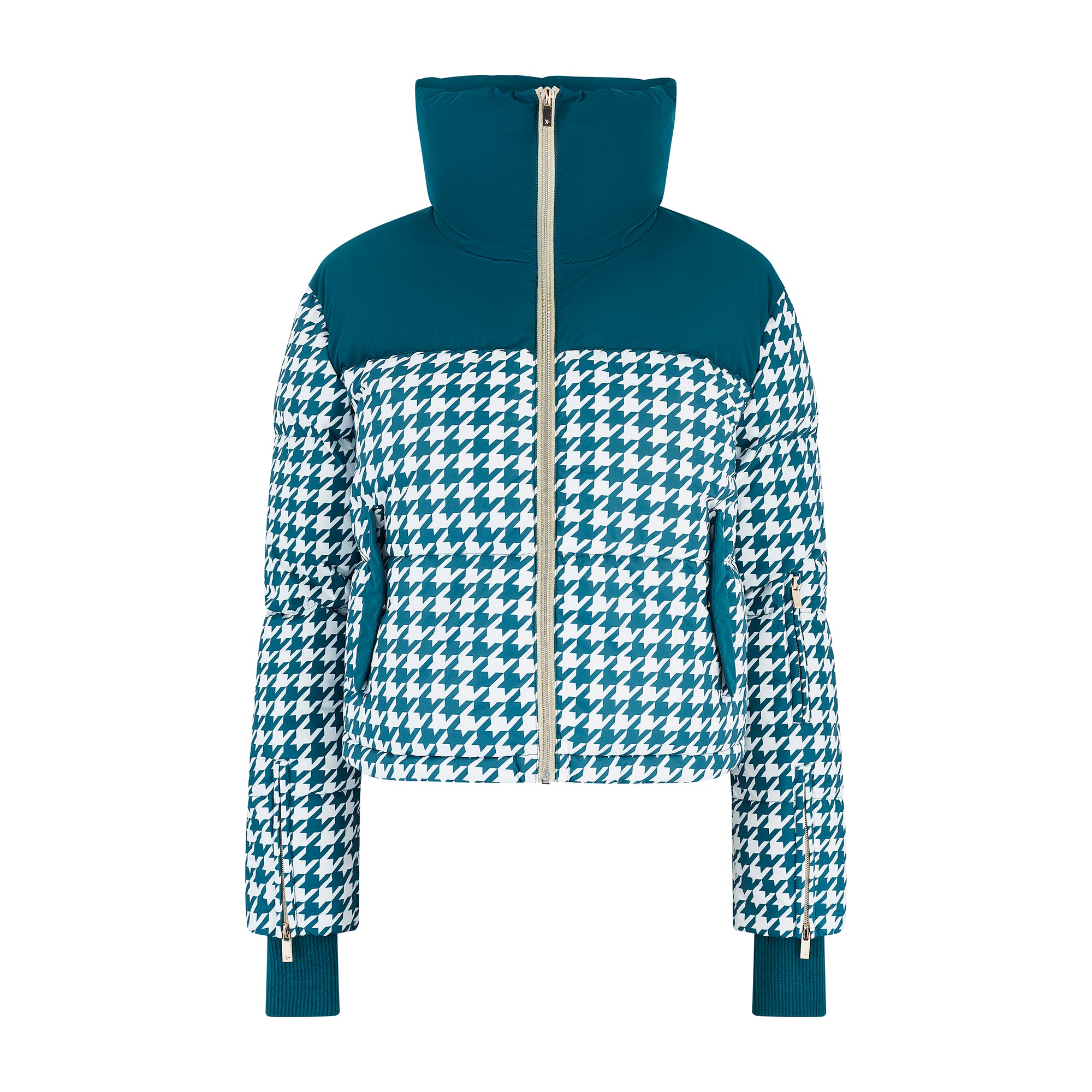 Cropped Bomber Ski Jacket - Teal Houndstooth