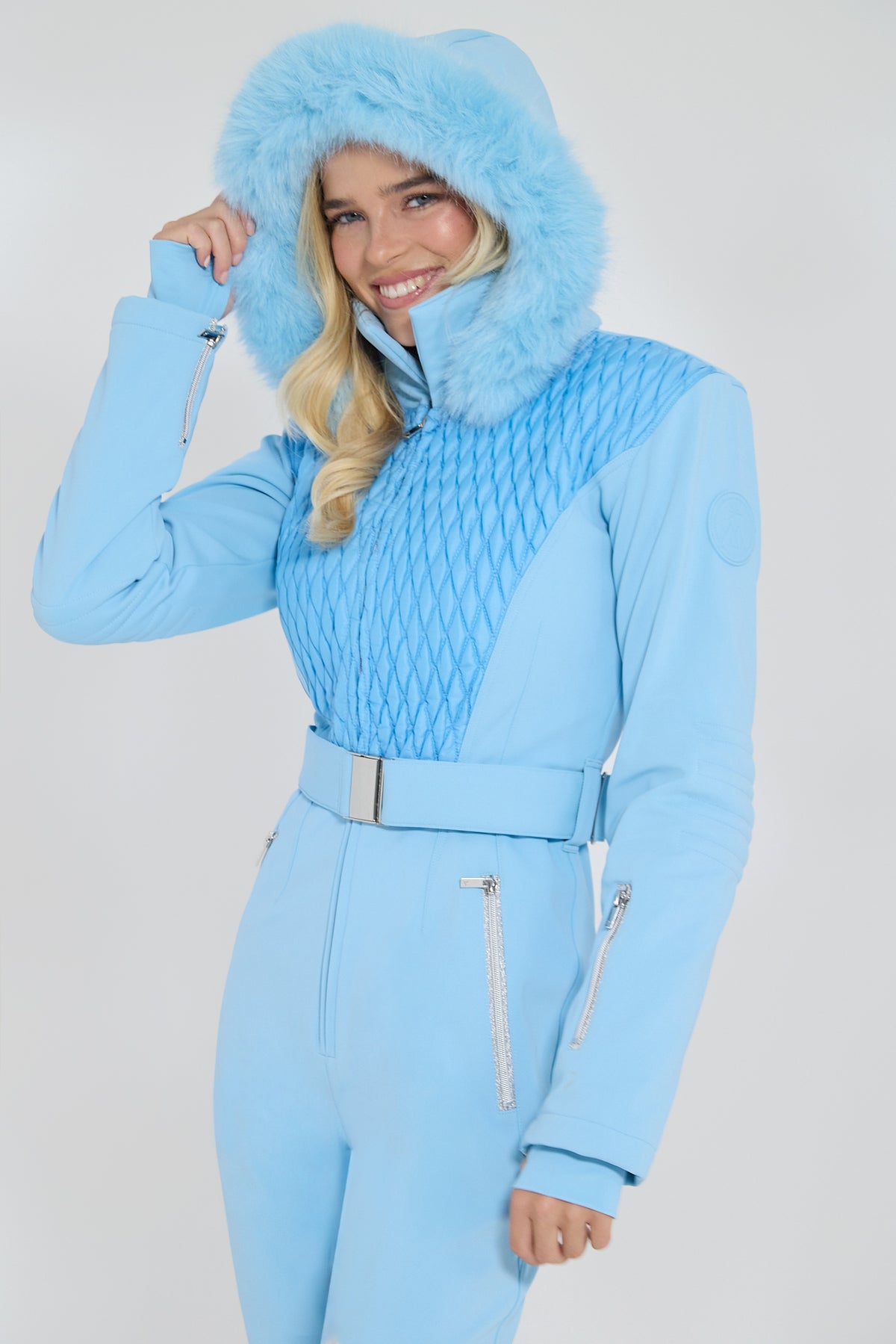 Élégance Courchevel Ski Suit - hood up close-up