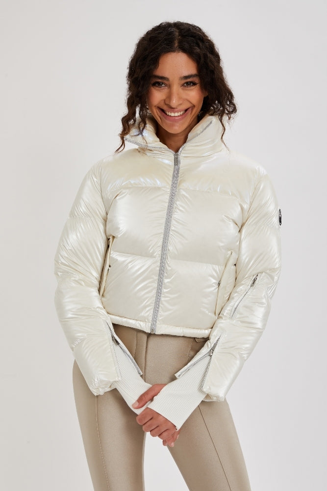 Cropped Bomber Ski Jacket – Snow Sparkle White